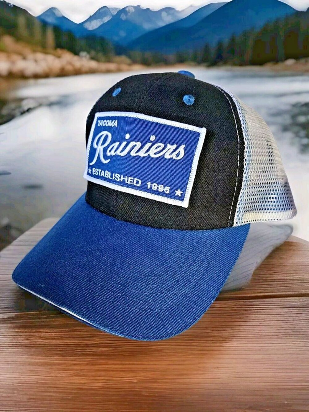 Tacoma Rainiers Black Panel Blue Bill White Trucker Baseball Cap Hat Strapback